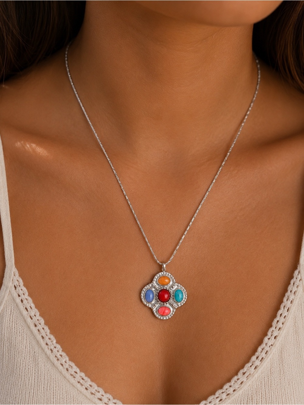 Multi-Stone Silver Pendant Necklace - Colorful Gem Cluster